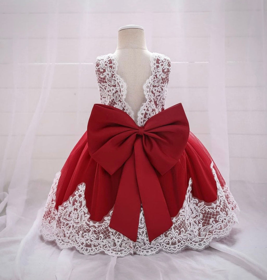 Girls Red Partywear Dress With Back Bow