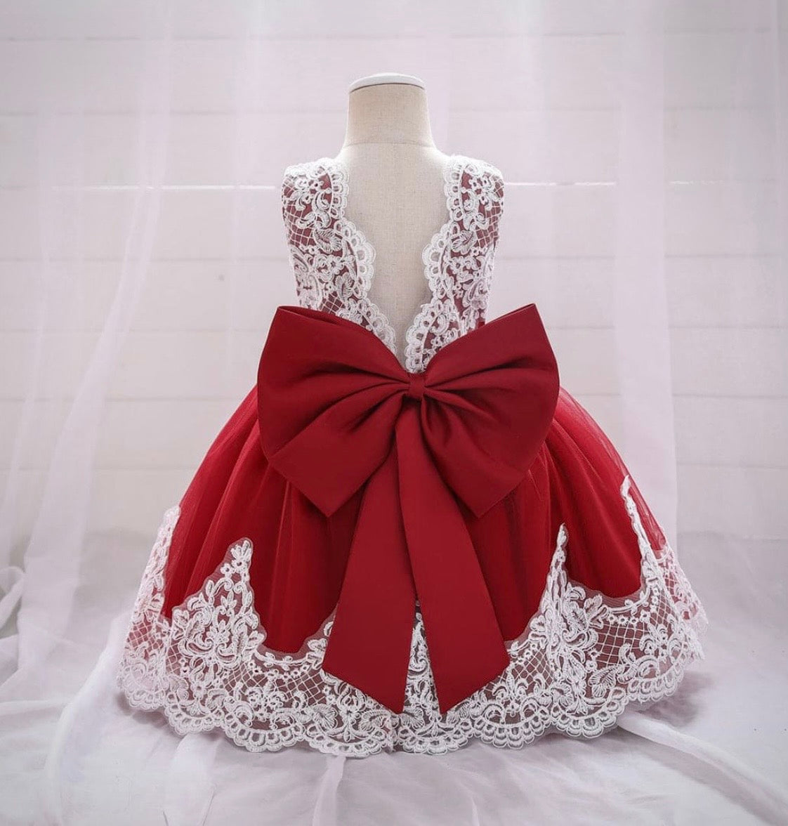 Girls Red Partywear Dress With Back Bow