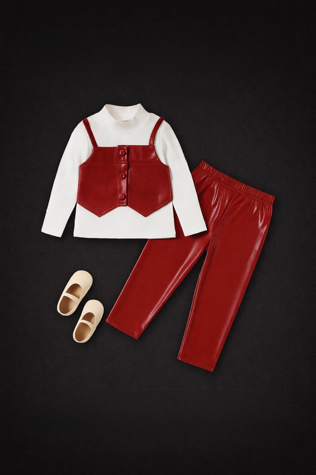 Girls Faux Leather Crop Top With Trouser & High Neck Pullover Set