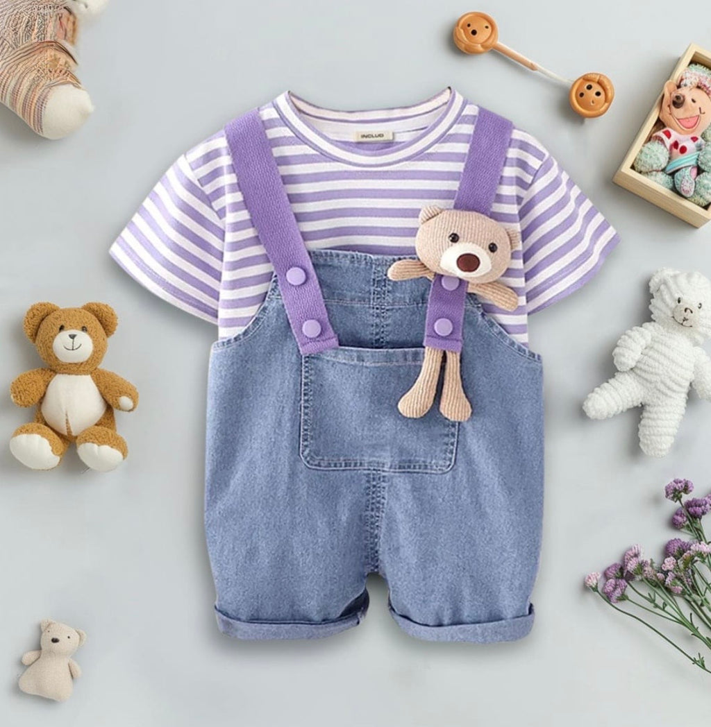 Girls striped T-shirt with dungaree set