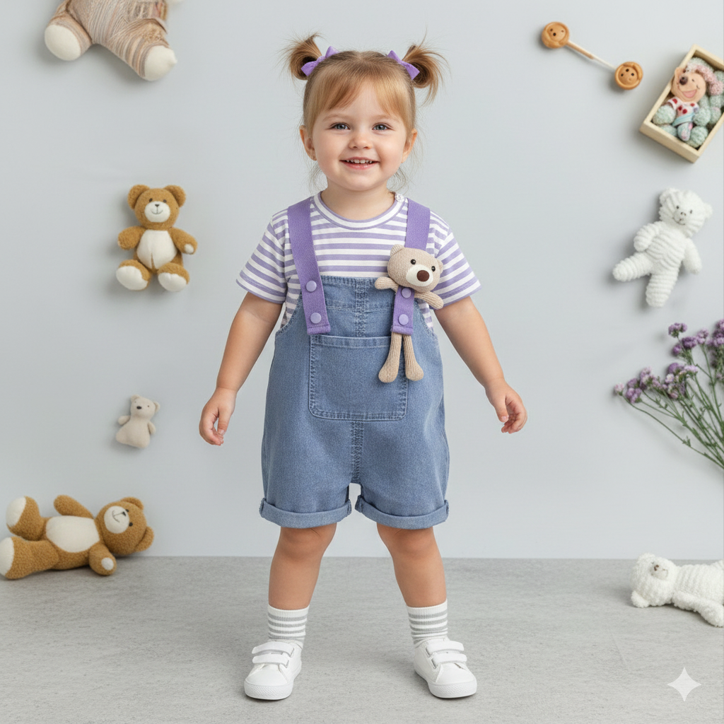 Girls striped T-shirt with dungaree set