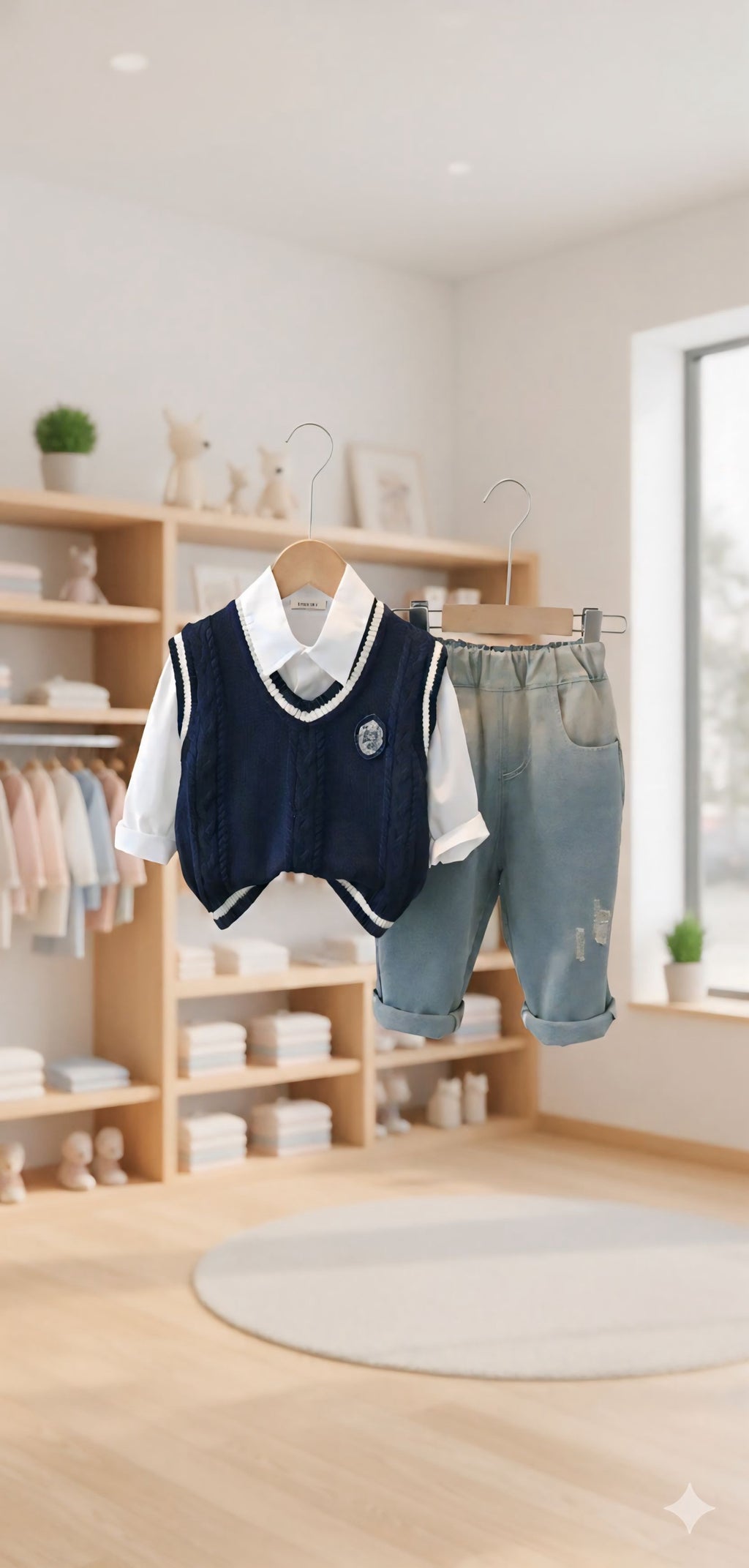 Boys Blue Sleeveless Pullover With Shirt & Denim Set