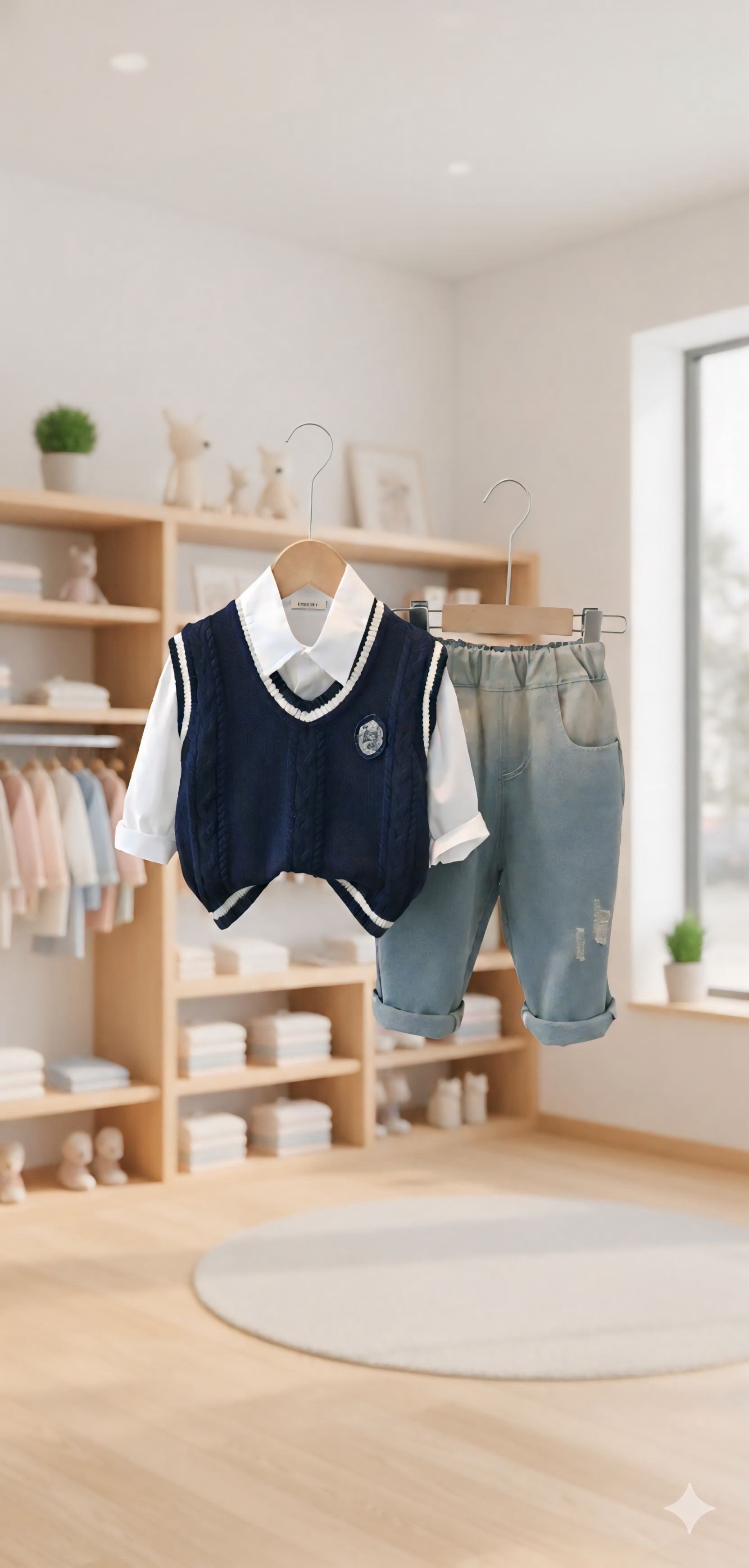 Boys Blue Sleeveless Pullover With Shirt & Denim Set