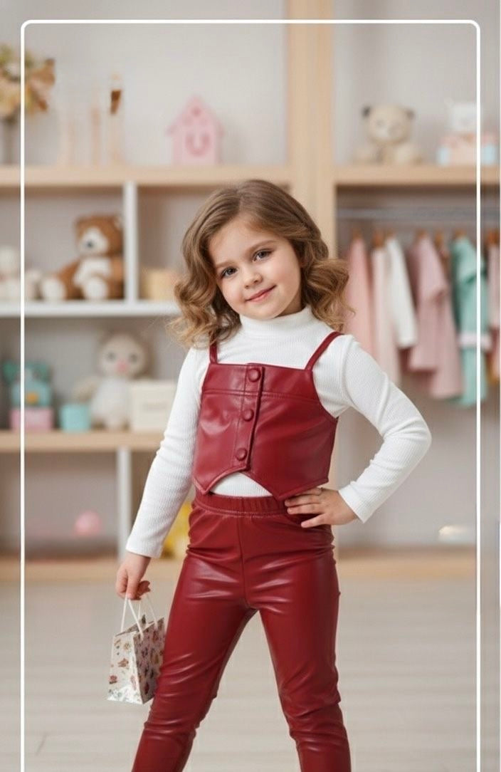 Girls Faux Leather Crop Top With Trouser & High Neck Pullover Set