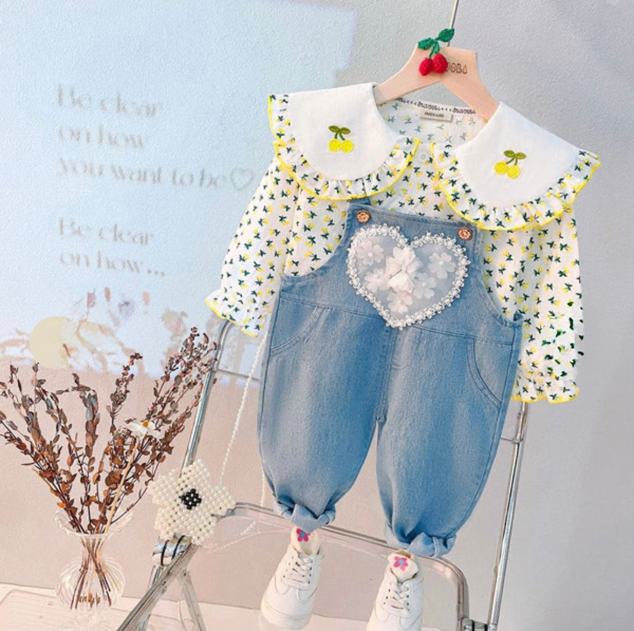 Girls yellow floral dungaree set