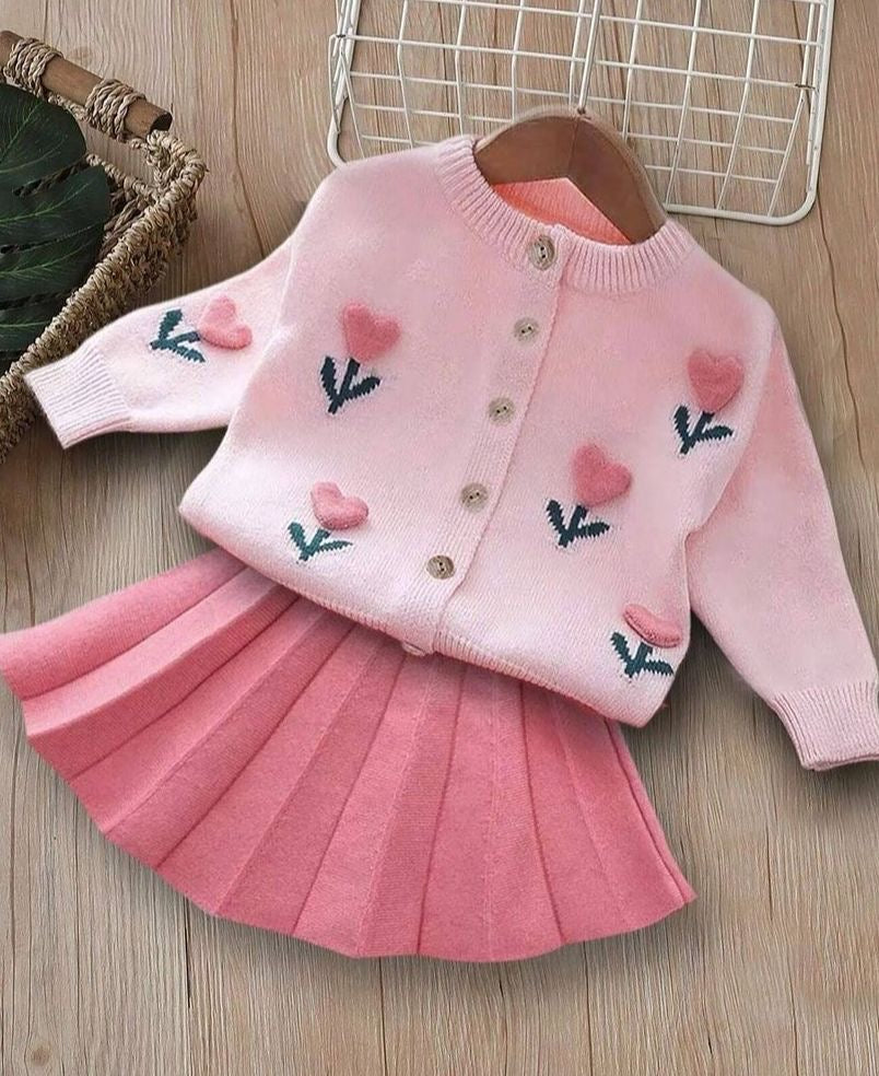 Girls Pink Cardigan with Pleated Skirt Set