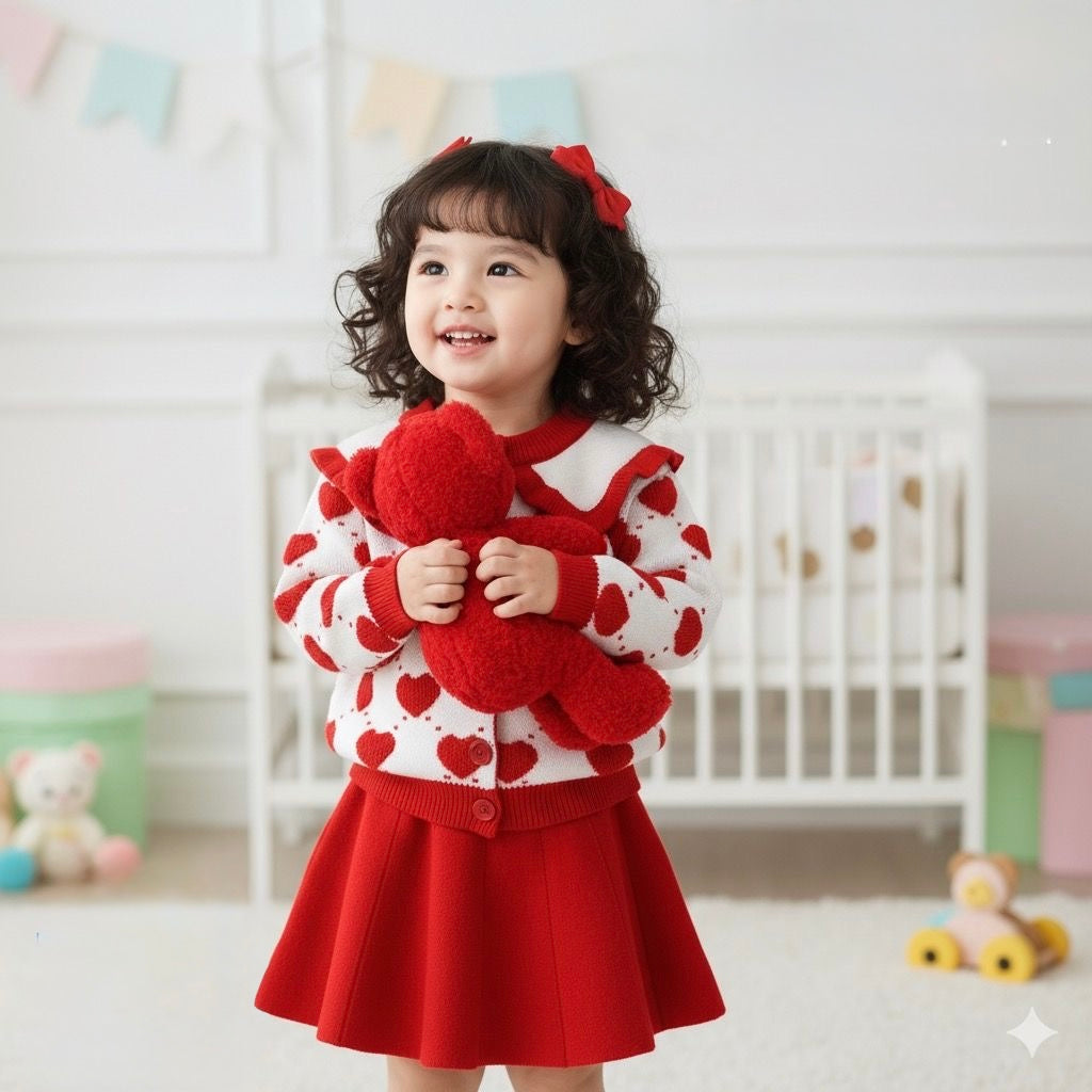 Girls red heart knitted top with skirt set