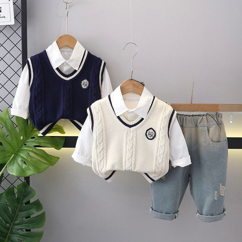 Boys Blue Sleeveless Pullover With Shirt & Denim Set