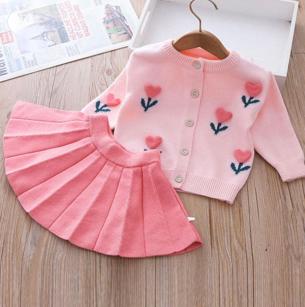 Girls Pink Cardigan with Pleated Skirt Set