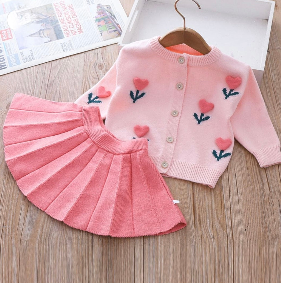 Girls Pink Cardigan with Pleated Skirt Set