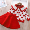 Girls red heart knitted top with skirt set