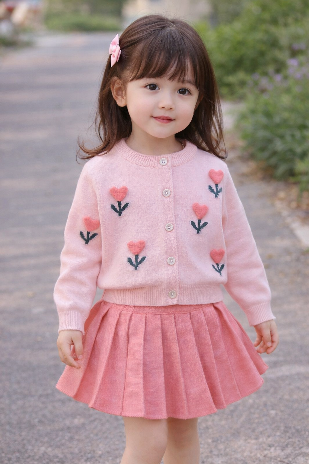 Girls Pink Cardigan with Pleated Skirt Set